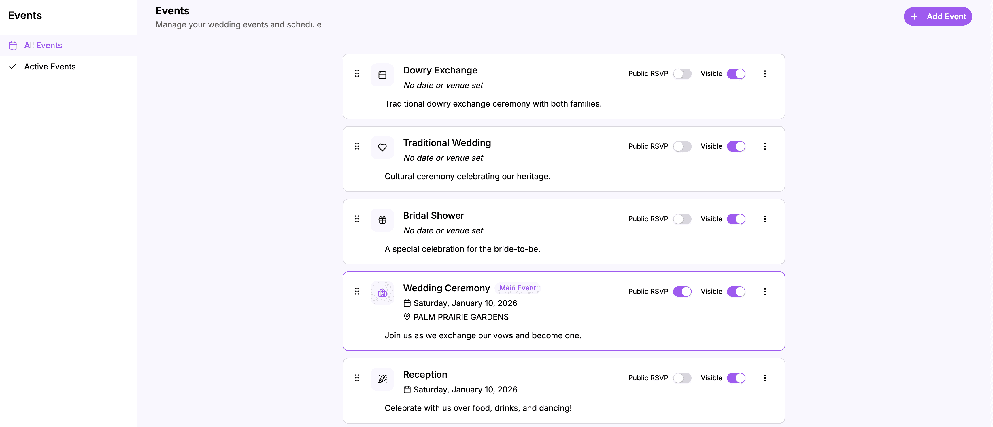Events section showing wedding events