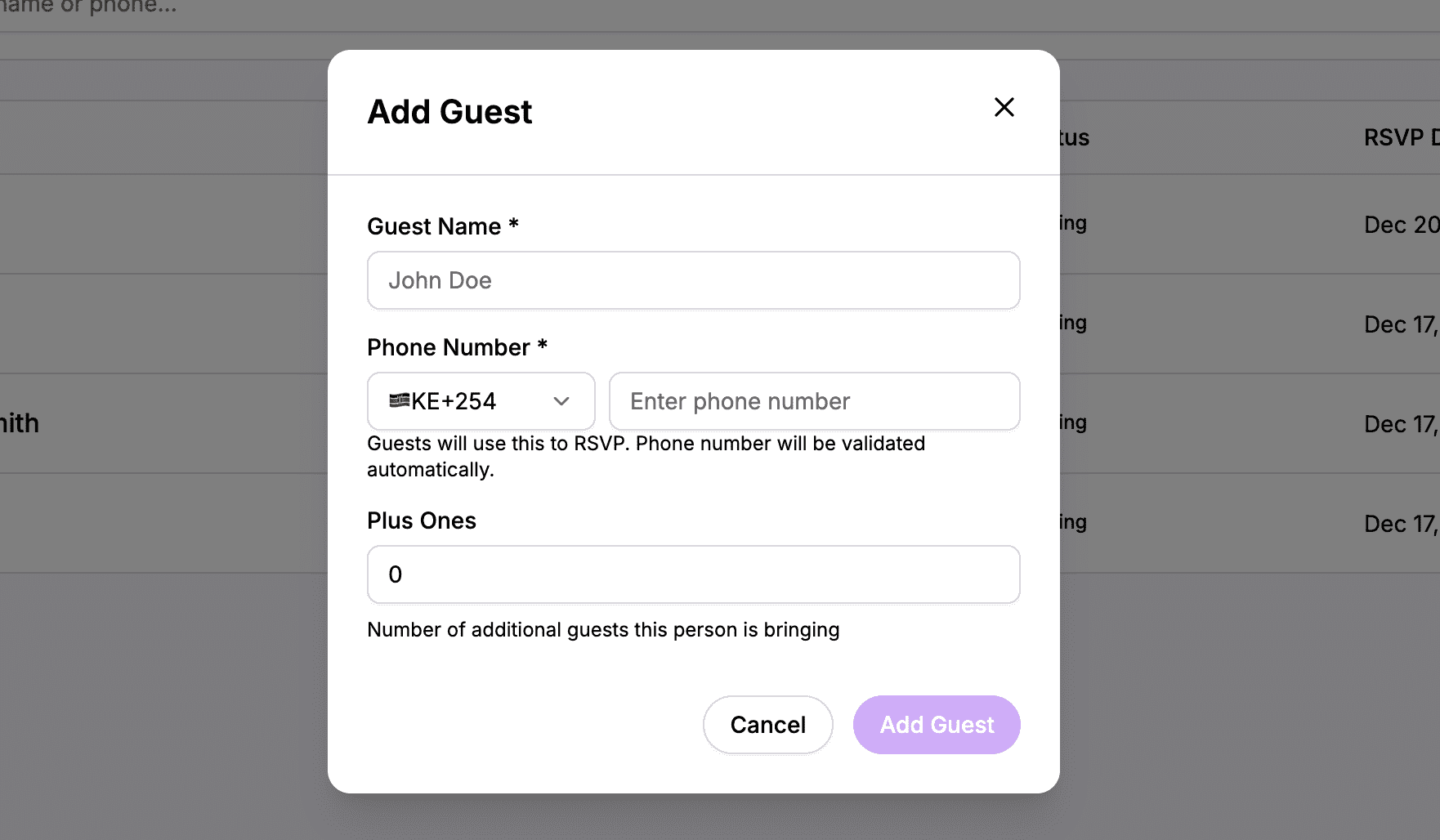 Adding a guest to the list