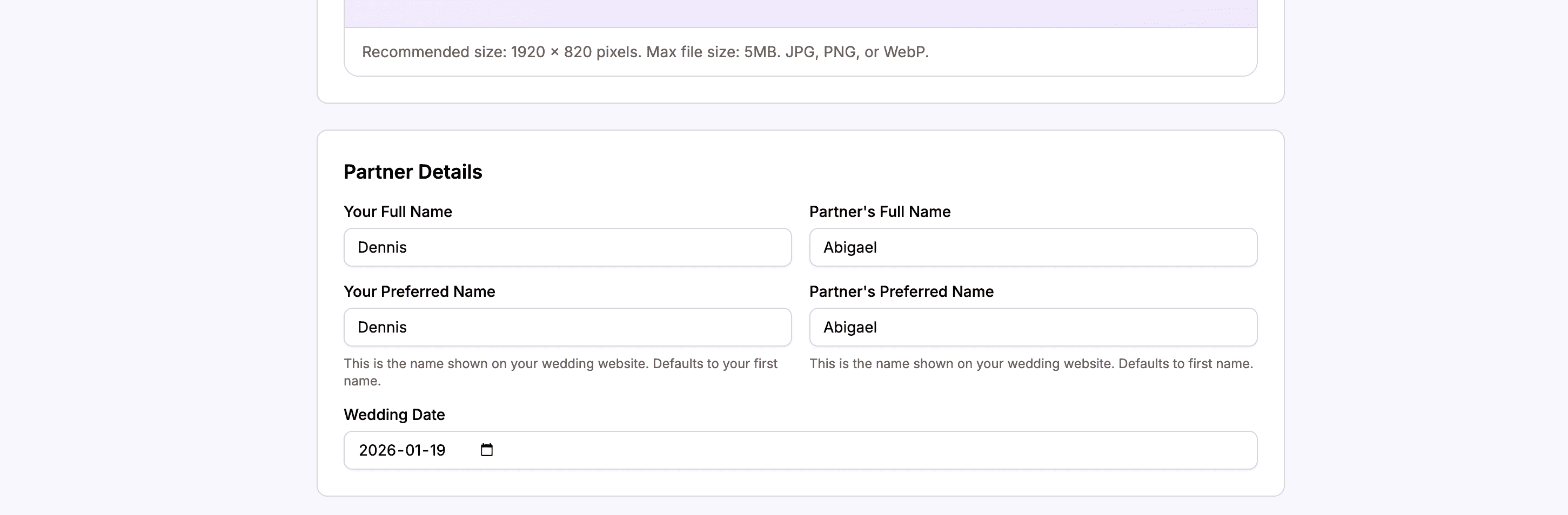 Partner name input fields showing both names