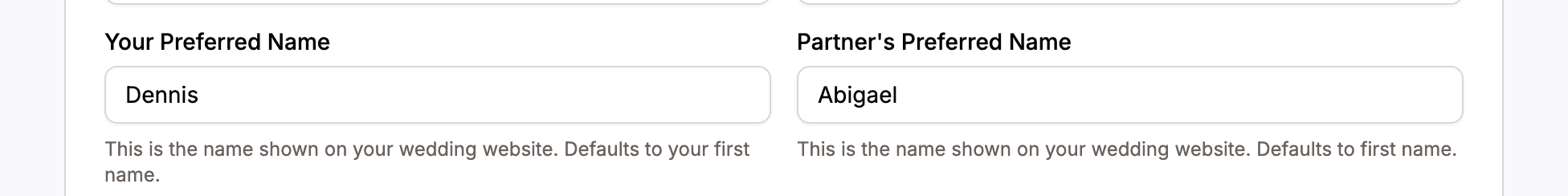 Preferred name fields showing auto-filled and custom names