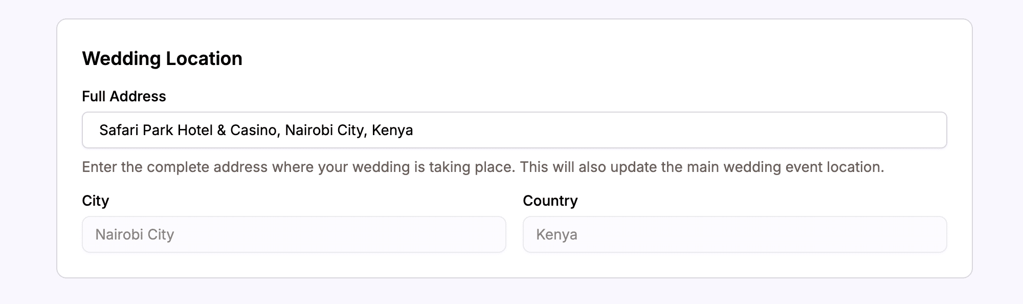 Completed location fields showing address, city, and country