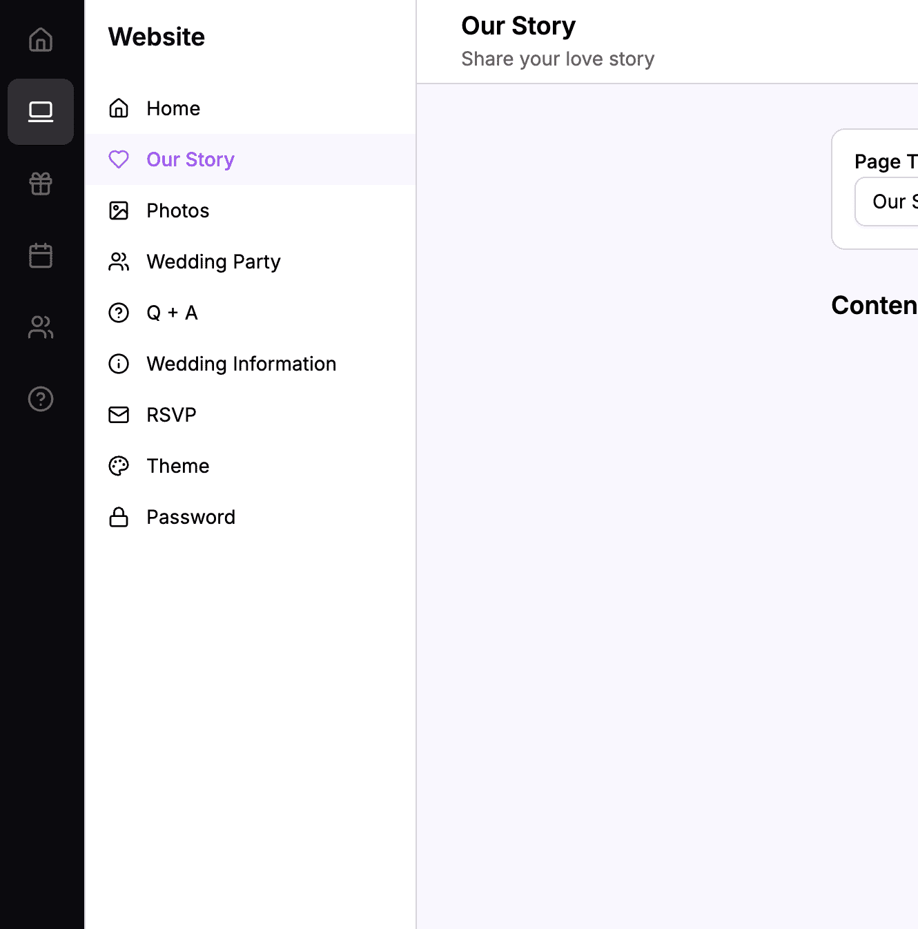Dashboard navigation showing Website menu with Our Story selected