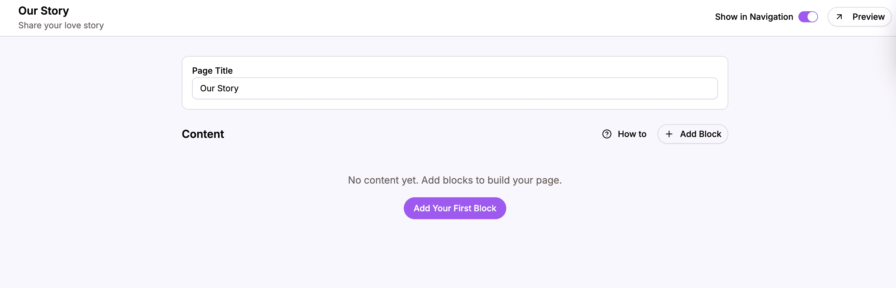 Empty Our Story page with Add Block button