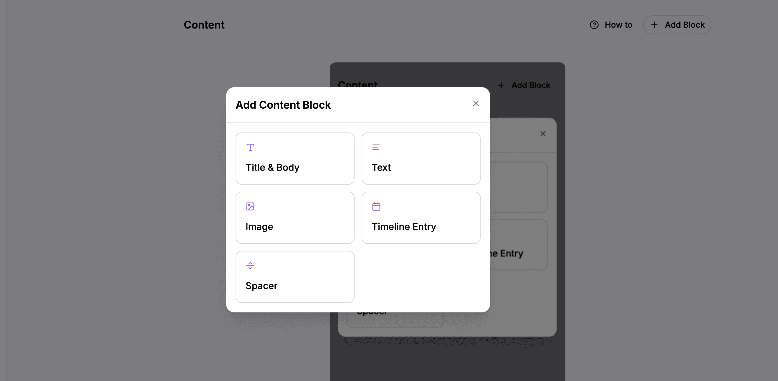 Add block dialog showing available block types