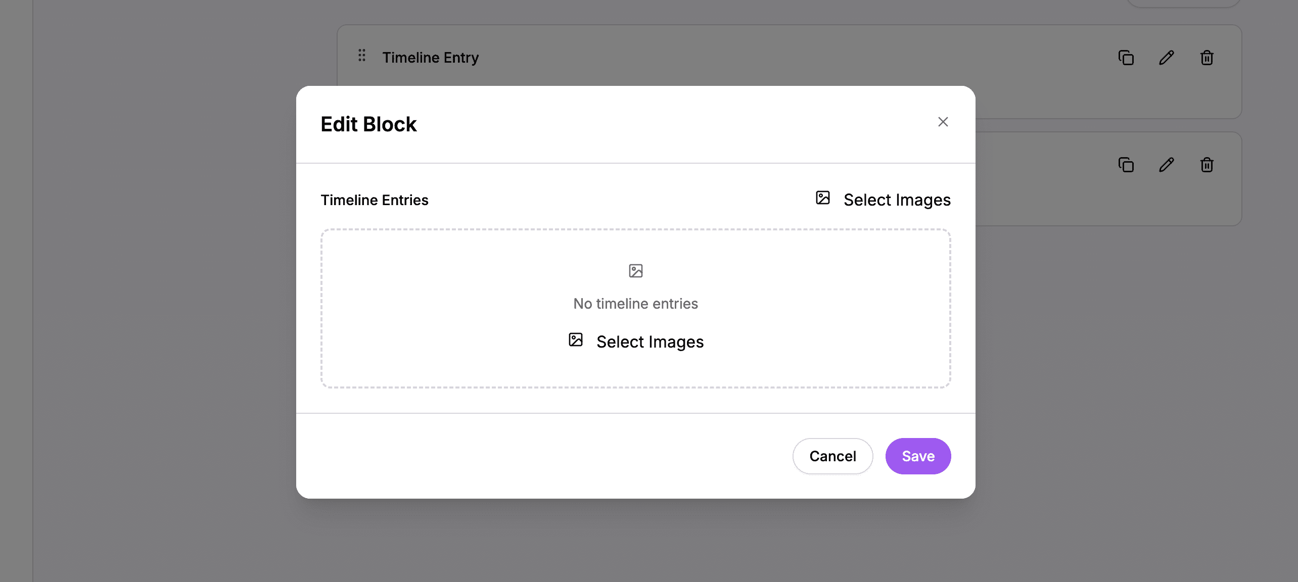 Timeline block editor showing the upload area and entries list