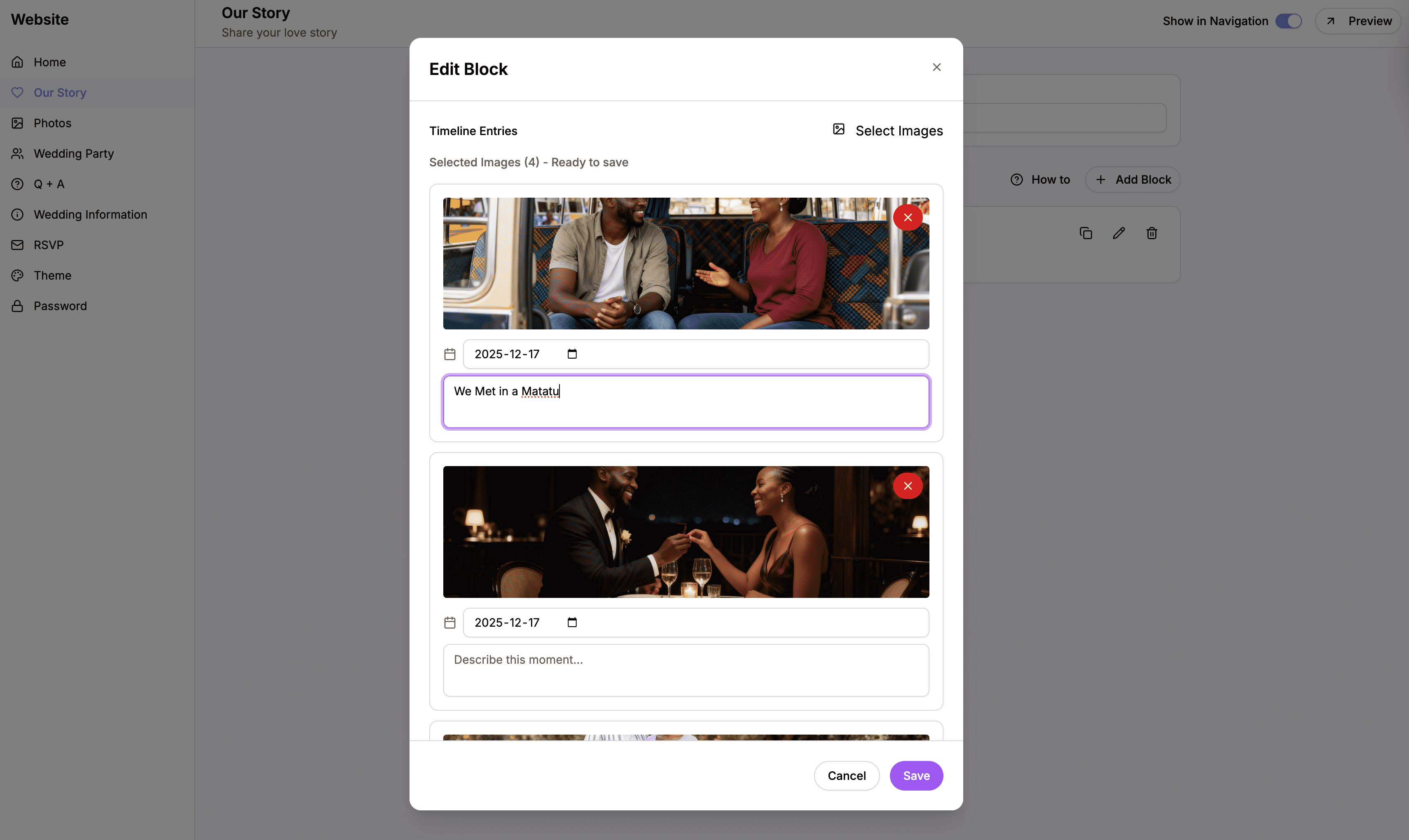 Adding a new timeline entry by uploading a photo