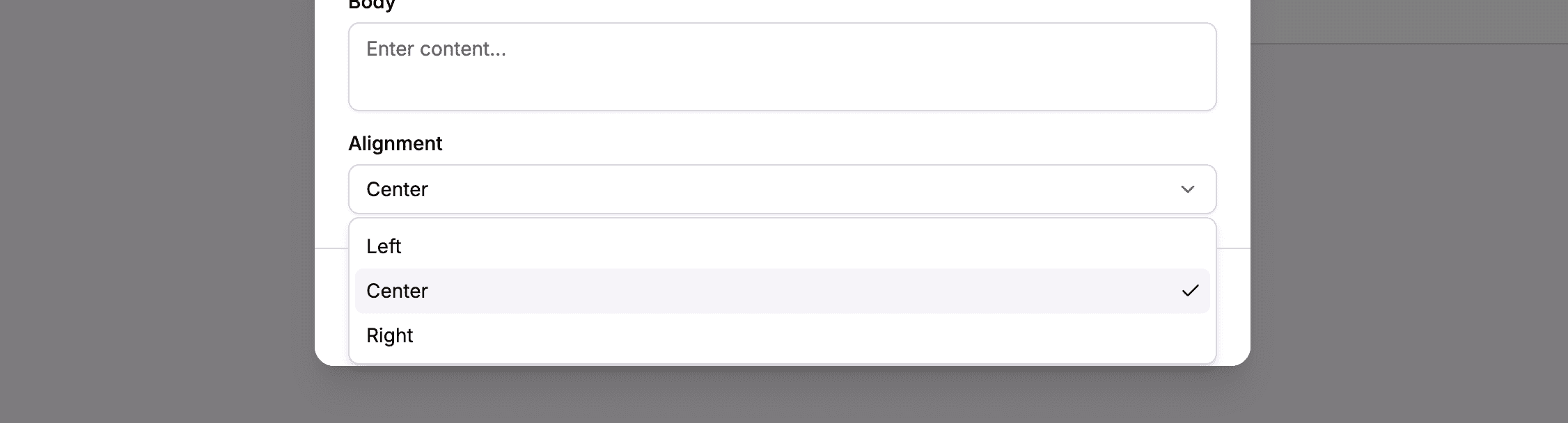 Alignment options dropdown