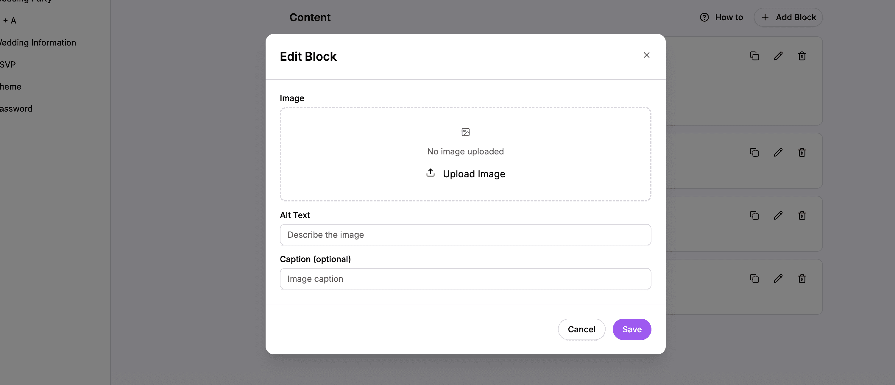 Image block editor with upload area and alt text field