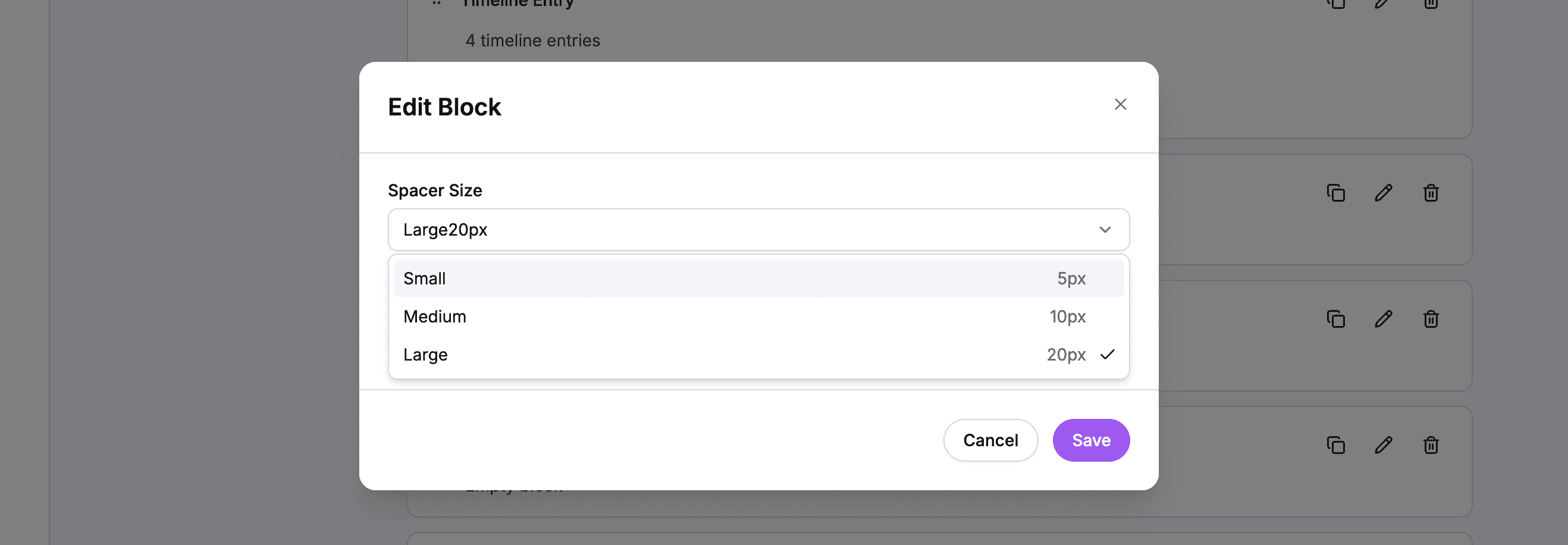 Spacer block editor with size options