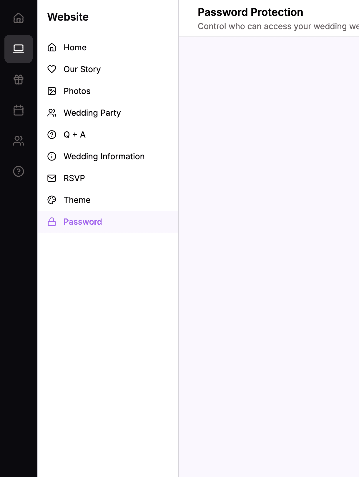 Dashboard navigation showing Website menu with Password selected