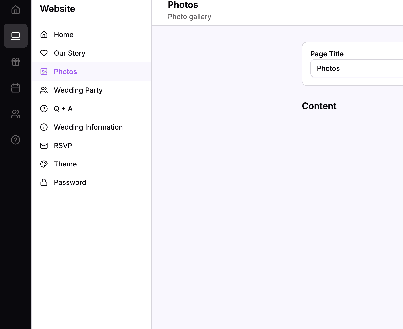Dashboard navigation showing Website menu with Photos selected