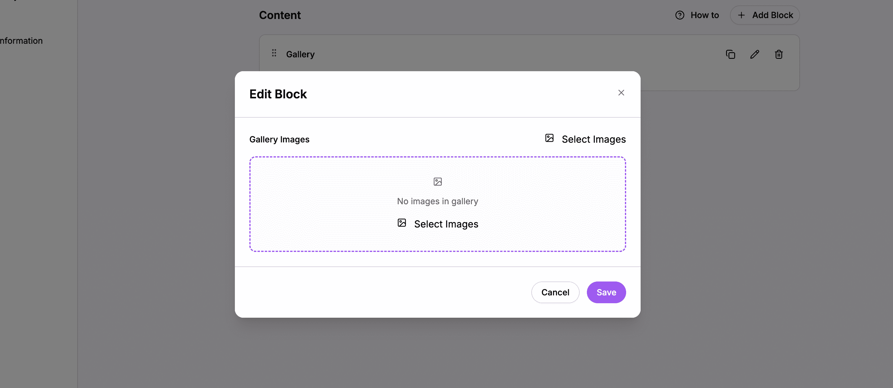 Gallery editor showing the upload area and photo grid