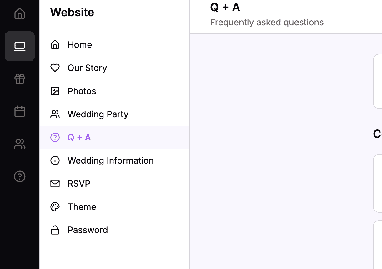 Dashboard navigation showing Website menu with Q&A selected