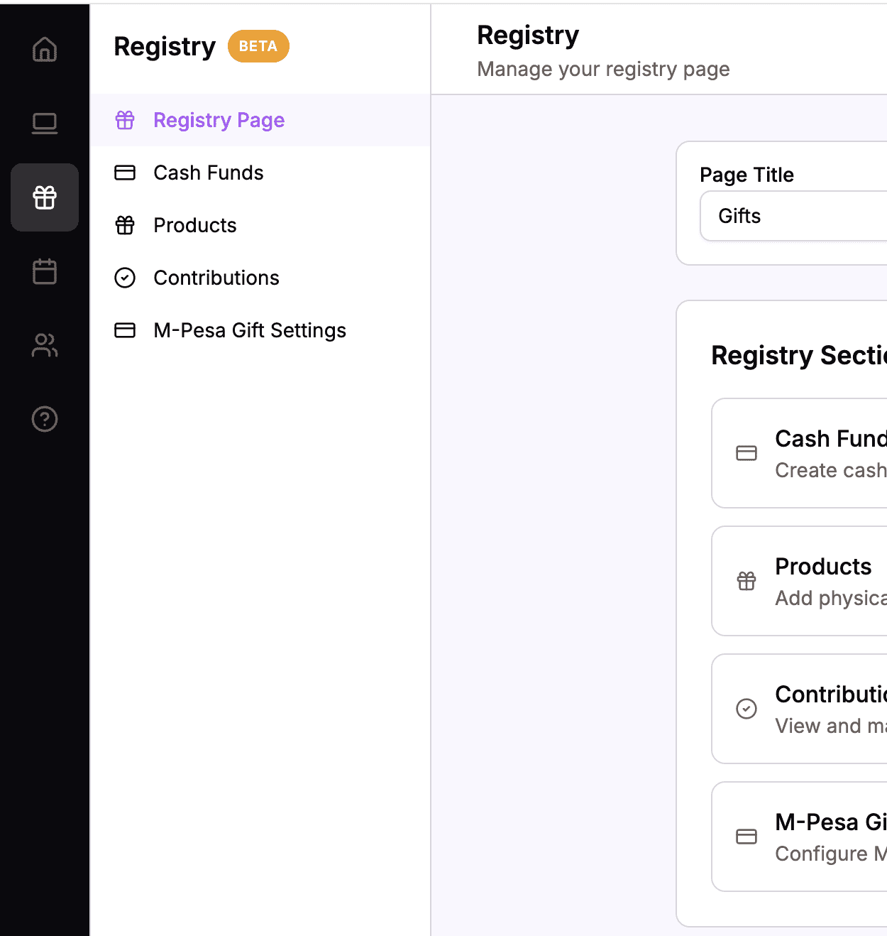 Dashboard navigation showing Website menu with Registry selected