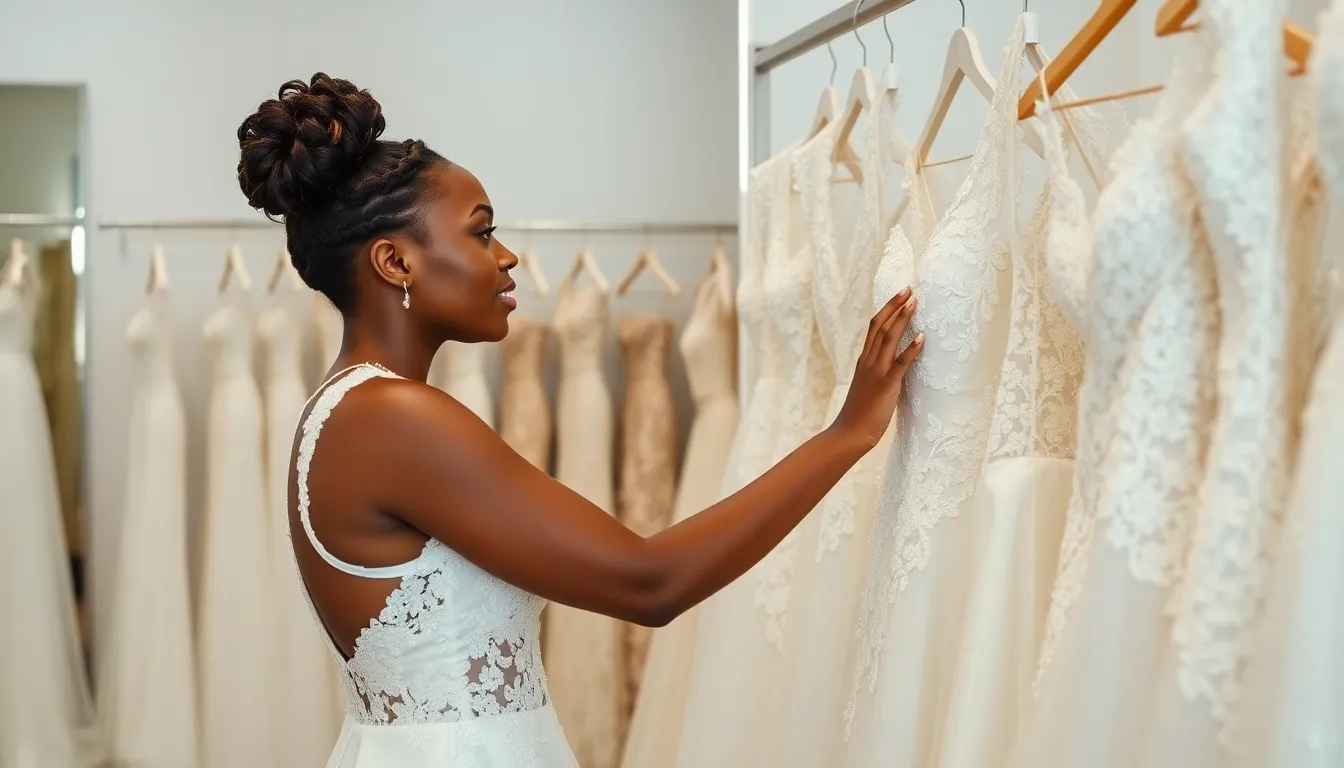 Bride trying on wedding dresses at bridal shop
